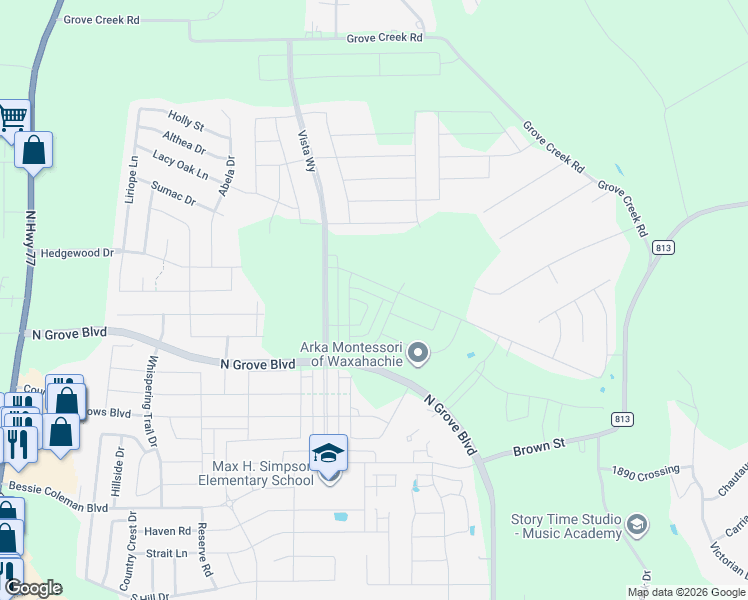 map of restaurants, bars, coffee shops, grocery stores, and more near 155 Country Drive in Waxahachie
