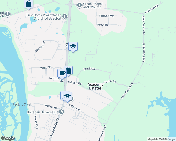 map of restaurants, bars, coffee shops, grocery stores, and more near 27 Faculty Drive in Beaufort
