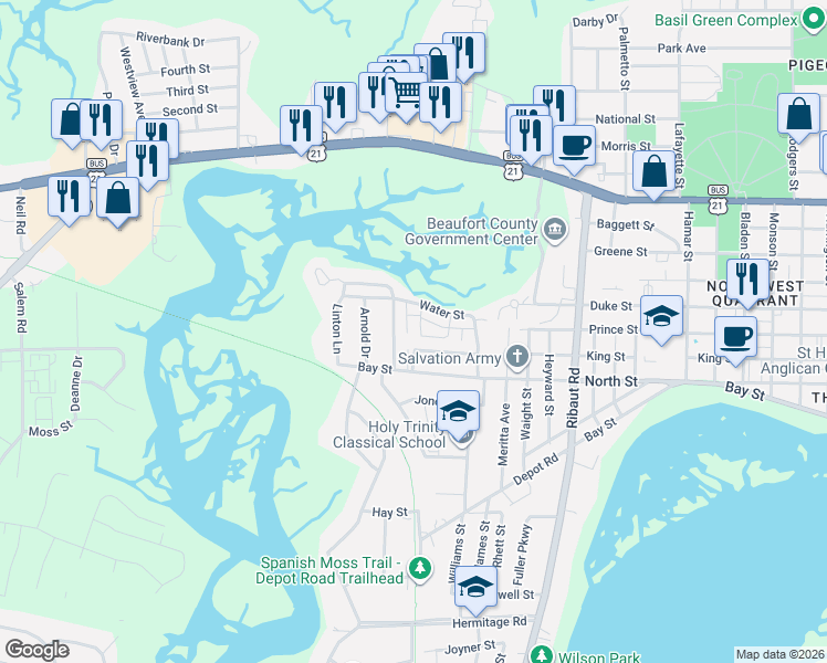 map of restaurants, bars, coffee shops, grocery stores, and more near 804 Water Street in Beaufort