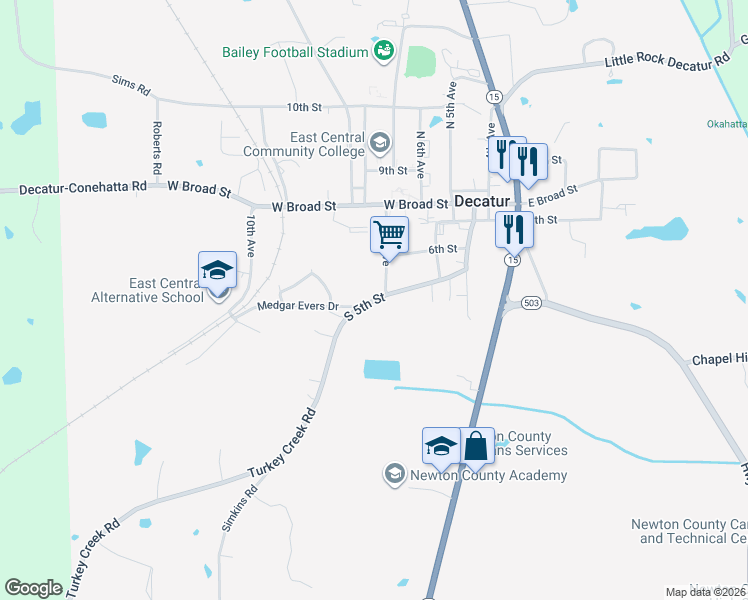 map of restaurants, bars, coffee shops, grocery stores, and more near South 5th Street in Decatur
