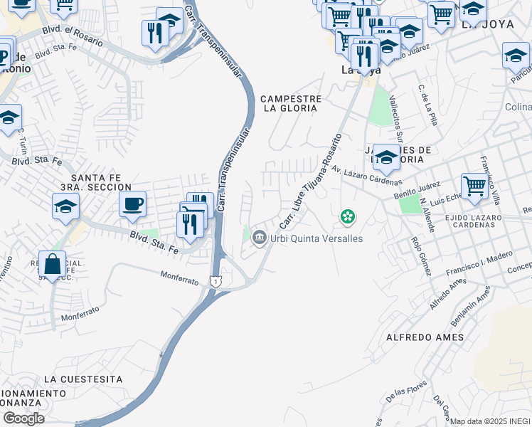 map of restaurants, bars, coffee shops, grocery stores, and more near in La Joya