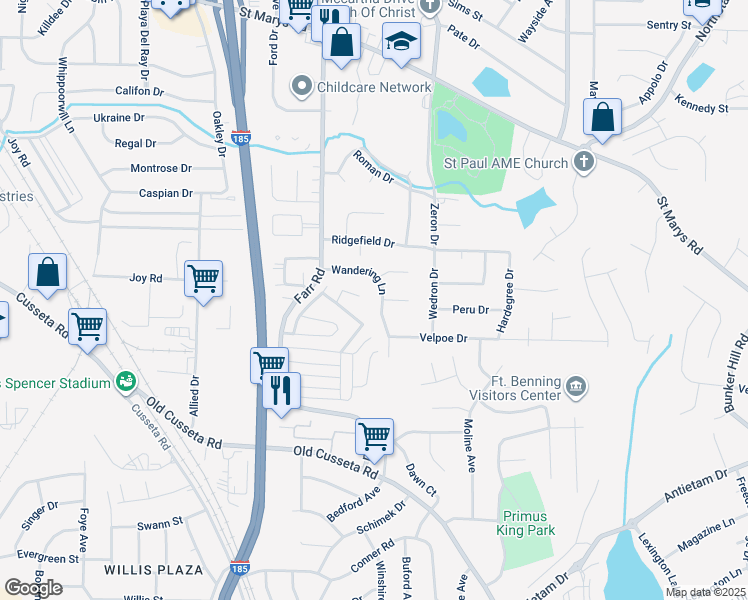 map of restaurants, bars, coffee shops, grocery stores, and more near 4166 Wandering Lane in Columbus