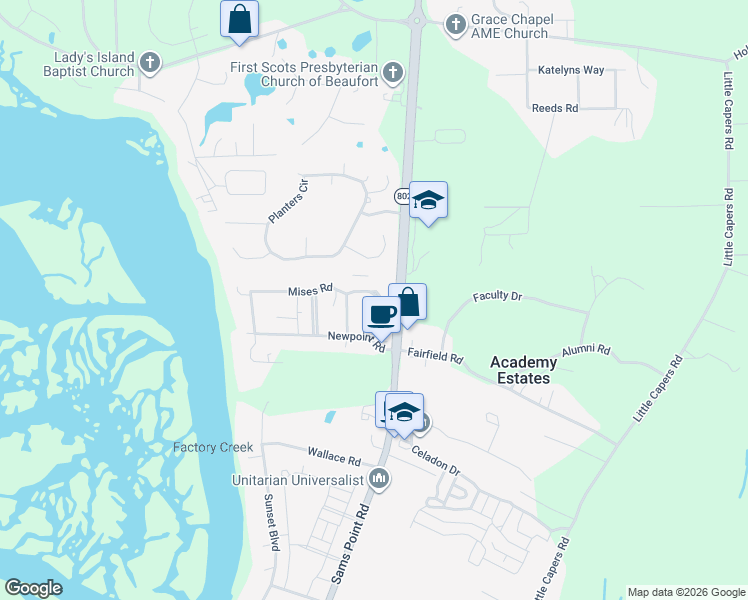 map of restaurants, bars, coffee shops, grocery stores, and more near 17 Hayek Street in Beaufort