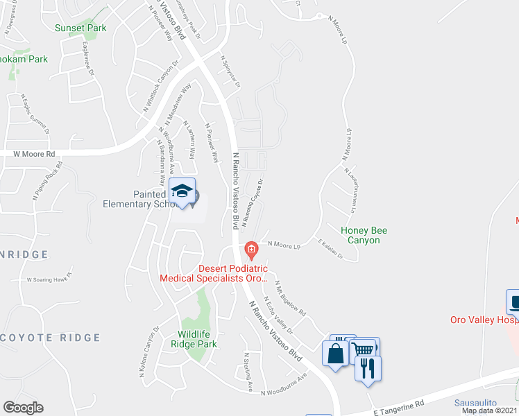 map of restaurants, bars, coffee shops, grocery stores, and more near 12738 North Running Coyote Drive in Oro Valley