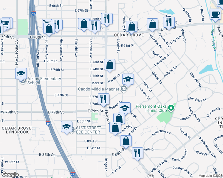 map of restaurants, bars, coffee shops, grocery stores, and more near 610 Turner Lane in Shreveport