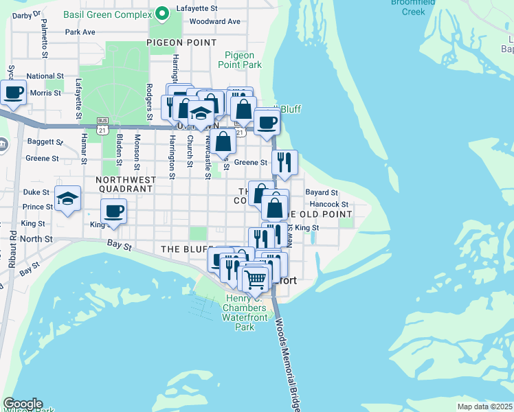 map of restaurants, bars, coffee shops, grocery stores, and more near 810 Duke Street in Beaufort