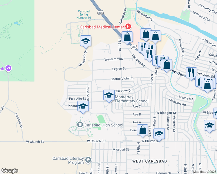 map of restaurants, bars, coffee shops, grocery stores, and more near 2610 Mountain View Drive in Carlsbad