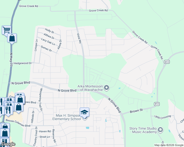 map of restaurants, bars, coffee shops, grocery stores, and more near 155 Country Drive in Waxahachie