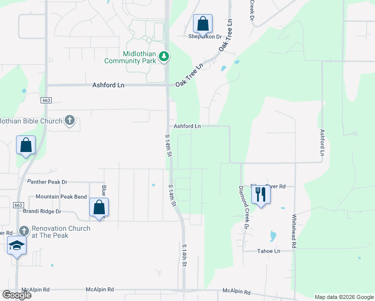 map of restaurants, bars, coffee shops, grocery stores, and more near 870 Ashford Lane in Midlothian