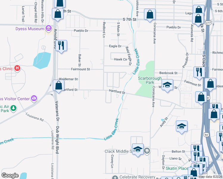 map of restaurants, bars, coffee shops, grocery stores, and more near 5850 Hartford Street in Abilene