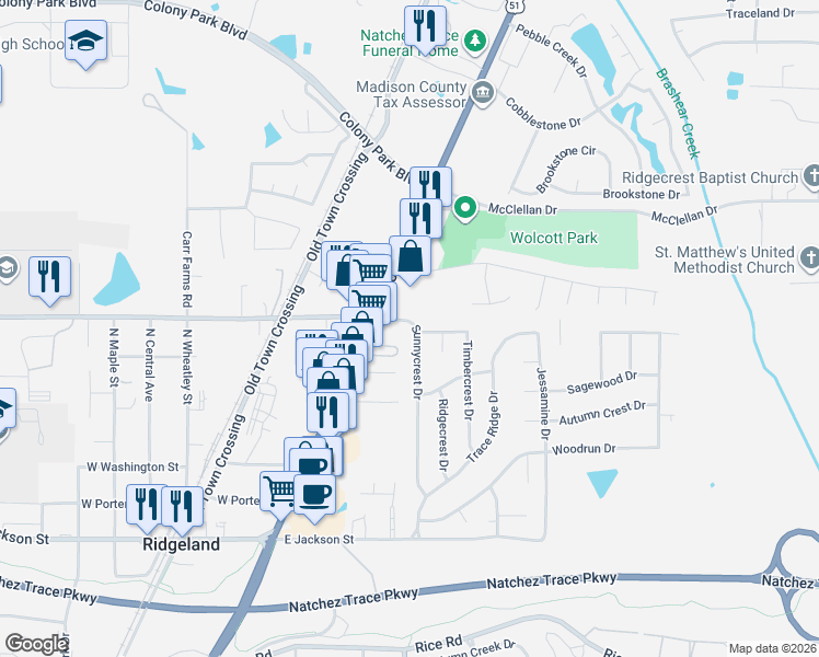 map of restaurants, bars, coffee shops, grocery stores, and more near 145 Timbercrest Drive in Ridgeland