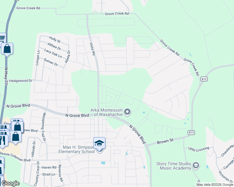 map of restaurants, bars, coffee shops, grocery stores, and more near 155 Country Drive in Waxahachie