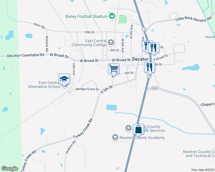 map of restaurants, bars, coffee shops, grocery stores, and more near South 5th Street in Decatur