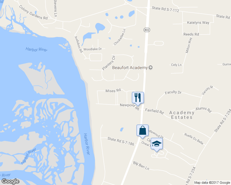 map of restaurants, bars, coffee shops, grocery stores, and more near 15 Precient Avenue in Beaufort