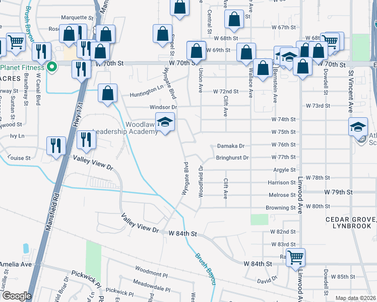map of restaurants, bars, coffee shops, grocery stores, and more near 810 Brushy Lane in Shreveport