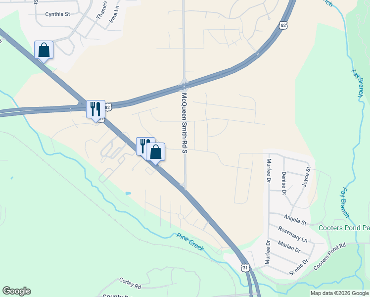 map of restaurants, bars, coffee shops, grocery stores, and more near 1559 McQueen Smith Road South in Prattville