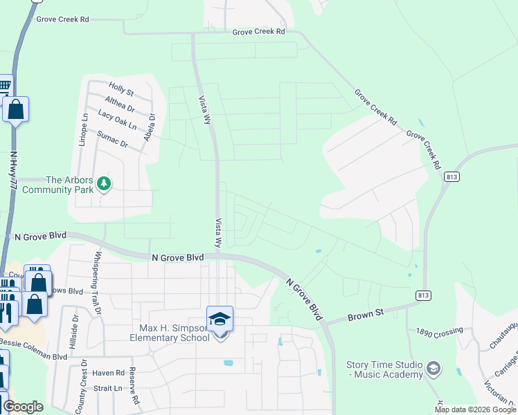 map of restaurants, bars, coffee shops, grocery stores, and more near 155 Country Drive in Waxahachie