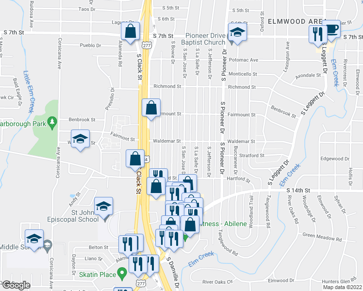map of restaurants, bars, coffee shops, grocery stores, and more near 1306 South San Jose Drive in Abilene