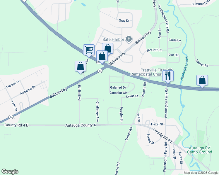 map of restaurants, bars, coffee shops, grocery stores, and more near 101 Gallahad Street in Prattville