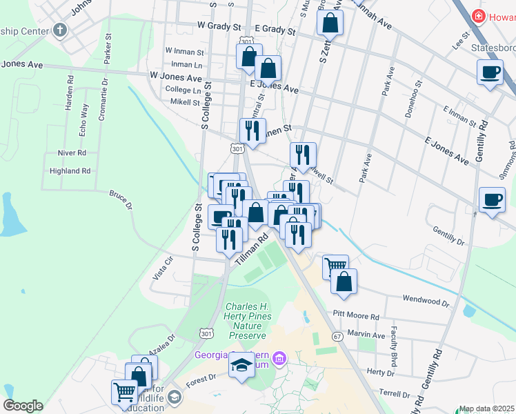 map of restaurants, bars, coffee shops, grocery stores, and more near 427 Fair Road in Statesboro