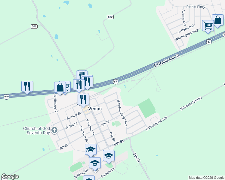 map of restaurants, bars, coffee shops, grocery stores, and more near 106 Meadow Ridge Avenue in Venus