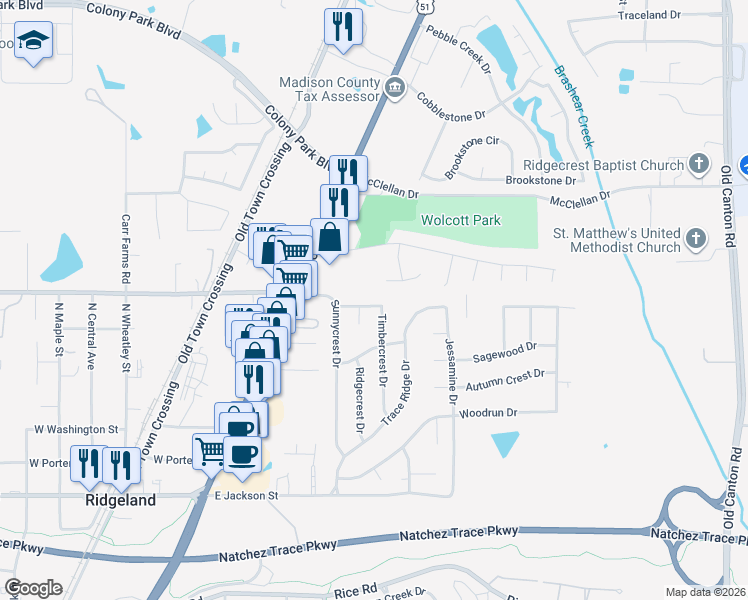 map of restaurants, bars, coffee shops, grocery stores, and more near 135 Timbercrest Drive in Ridgeland