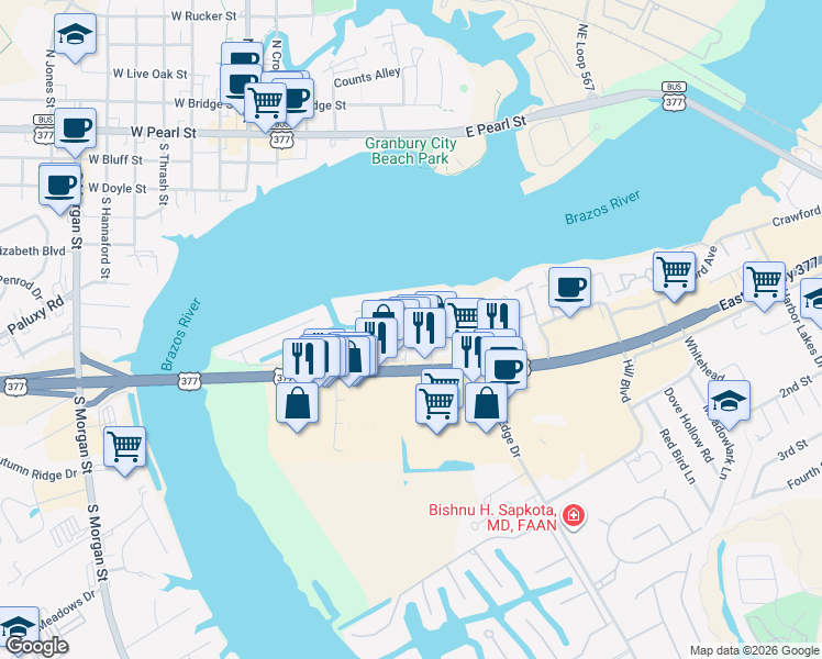 map of restaurants, bars, coffee shops, grocery stores, and more near 607 Panama Court in Granbury