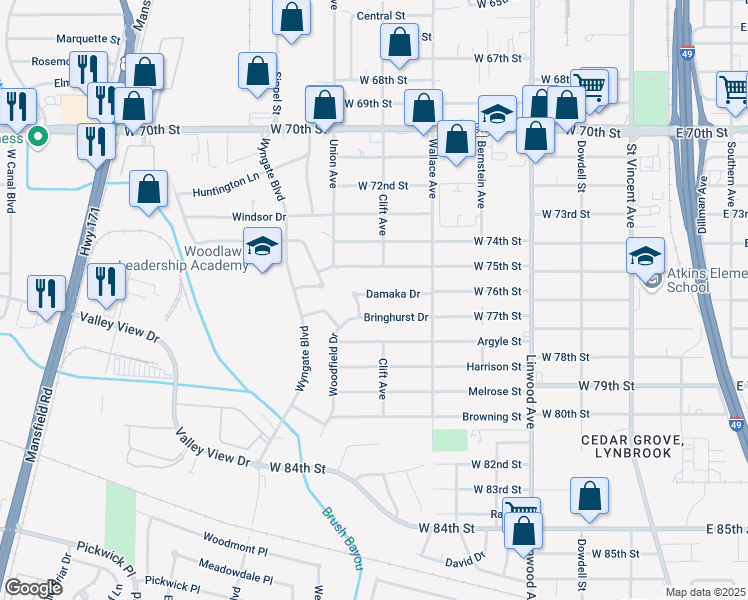 map of restaurants, bars, coffee shops, grocery stores, and more near 706 Damaka Drive in Shreveport
