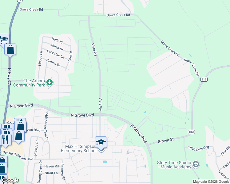 map of restaurants, bars, coffee shops, grocery stores, and more near 155 Country Drive in Waxahachie