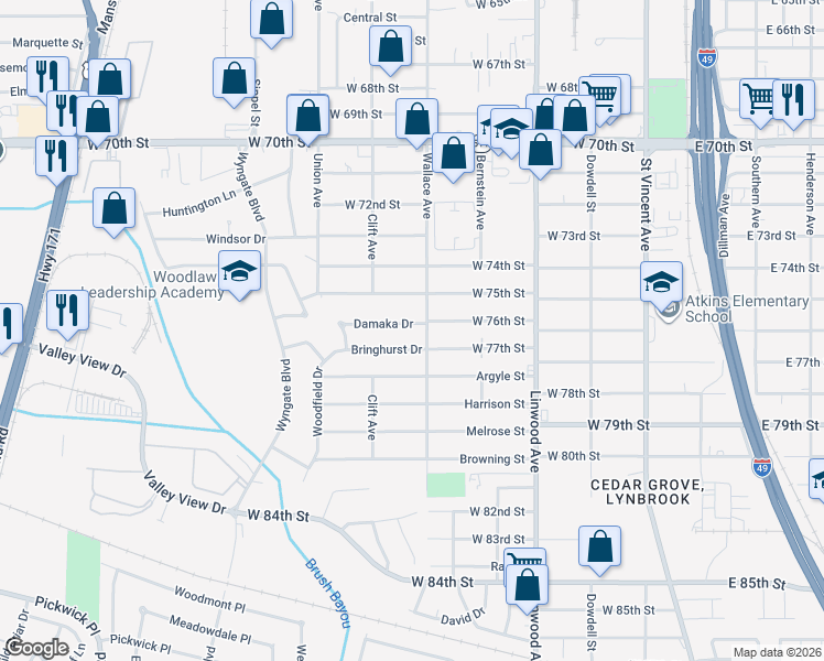 map of restaurants, bars, coffee shops, grocery stores, and more near 610 Damaka Drive in Shreveport