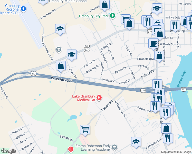 map of restaurants, bars, coffee shops, grocery stores, and more near 111 Melynn Court in Granbury