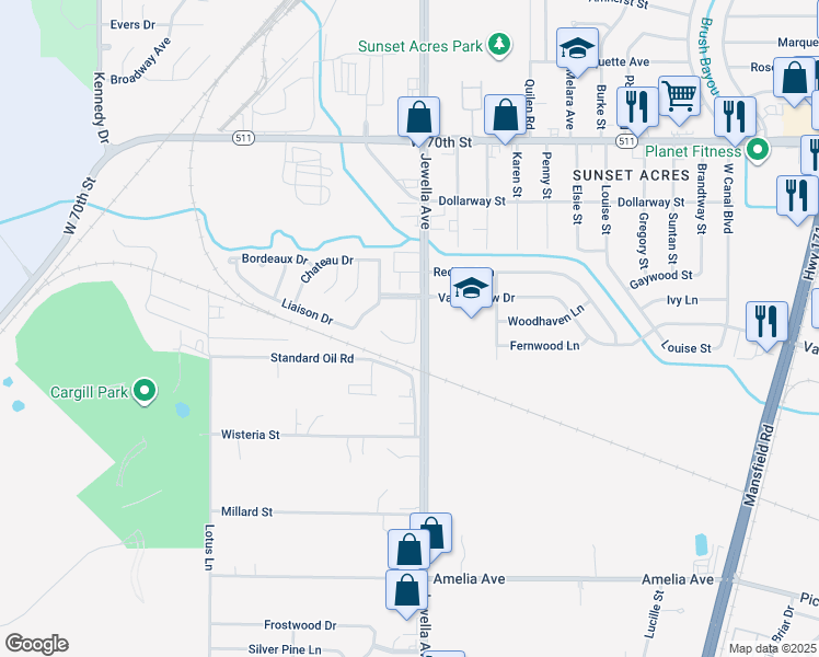 map of restaurants, bars, coffee shops, grocery stores, and more near 7548 Jewella Avenue in Shreveport