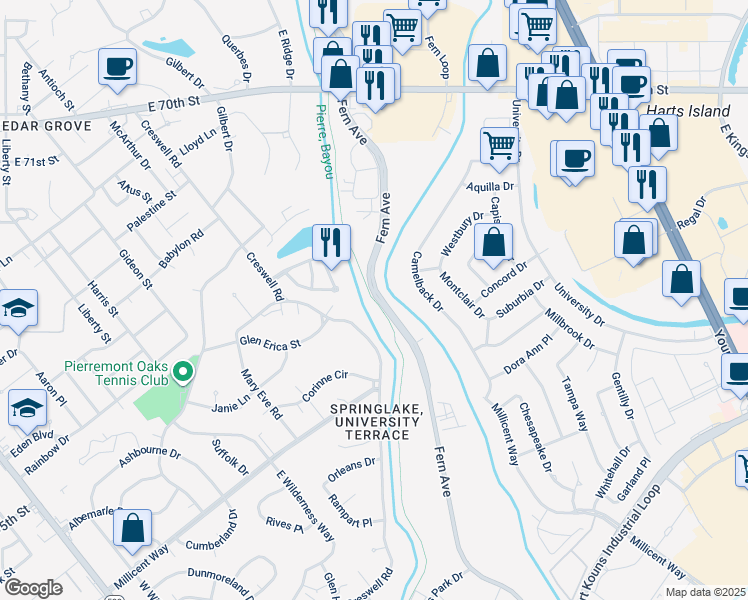 map of restaurants, bars, coffee shops, grocery stores, and more near Fern Avenue Trail in Shreveport