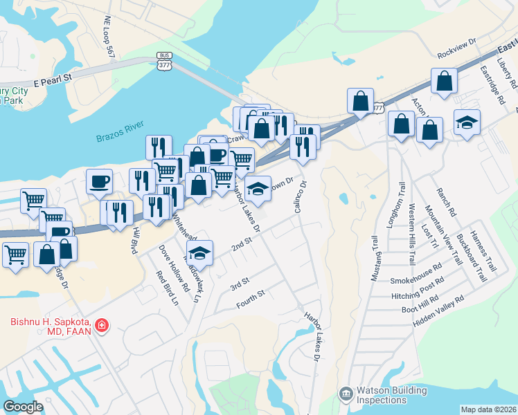 map of restaurants, bars, coffee shops, grocery stores, and more near 803 Harbor Lakes Drive in Granbury