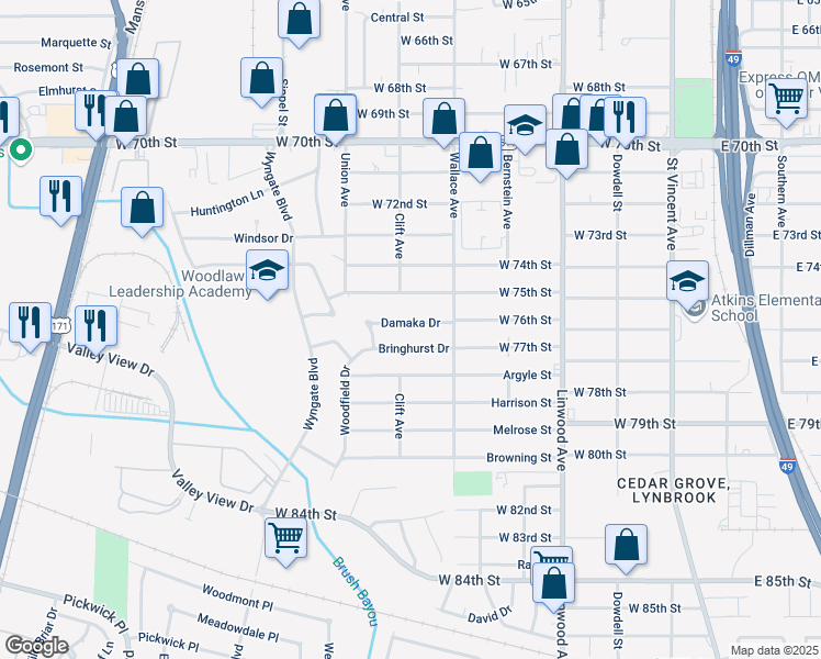 map of restaurants, bars, coffee shops, grocery stores, and more near 634 Damaka Drive in Shreveport