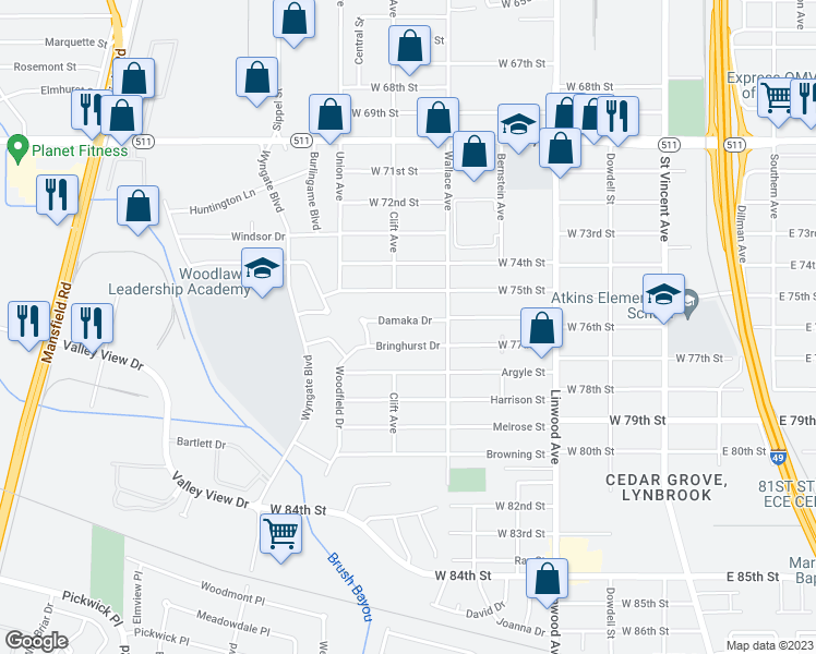 map of restaurants, bars, coffee shops, grocery stores, and more near 630 Damaka Drive in Shreveport