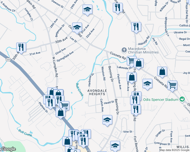 map of restaurants, bars, coffee shops, grocery stores, and more near 708 Harbison Drive in Columbus