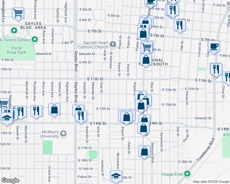 map of restaurants, bars, coffee shops, grocery stores, and more near 1166 Peach Street in Abilene