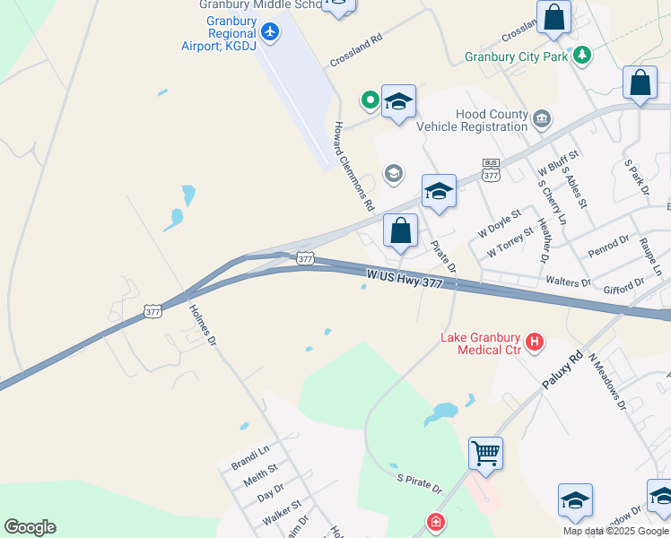 map of restaurants, bars, coffee shops, grocery stores, and more near 2201 West Highway 377 in Granbury