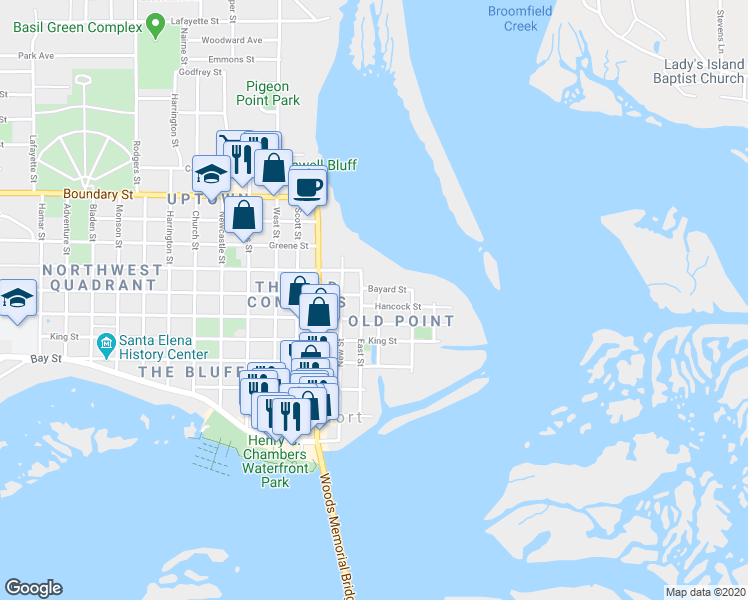 map of restaurants, bars, coffee shops, grocery stores, and more near 403 Hancock Street in Beaufort