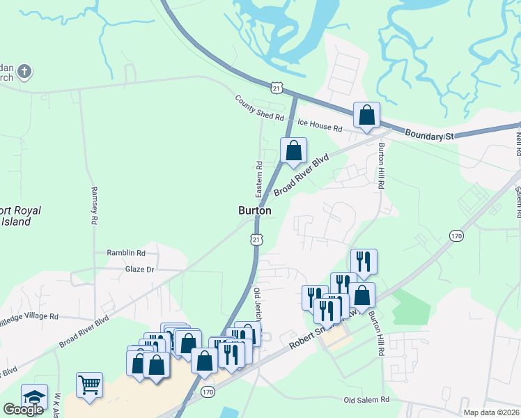 map of restaurants, bars, coffee shops, grocery stores, and more near 67 Parris Island Gateway in Beaufort