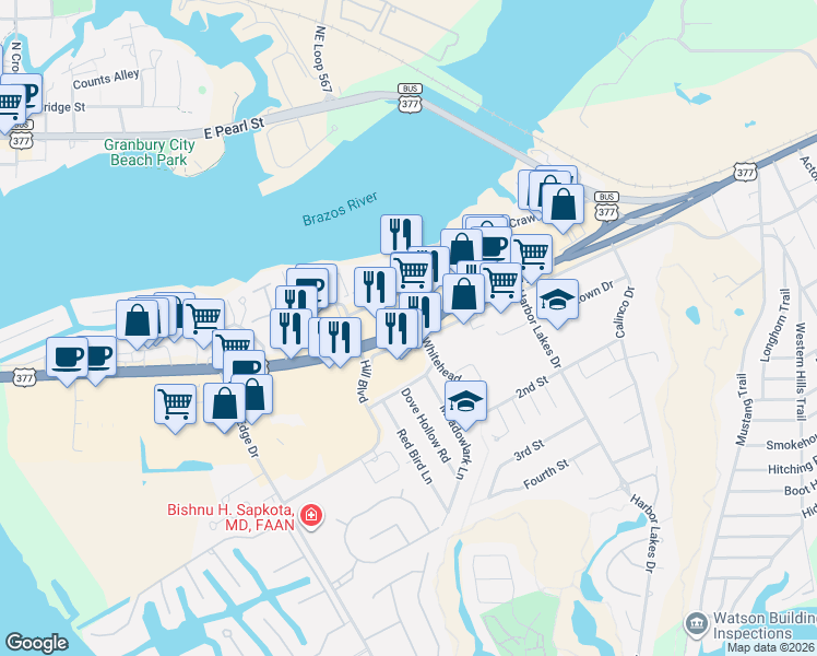 map of restaurants, bars, coffee shops, grocery stores, and more near 1116 East US Highway 377 in Granbury
