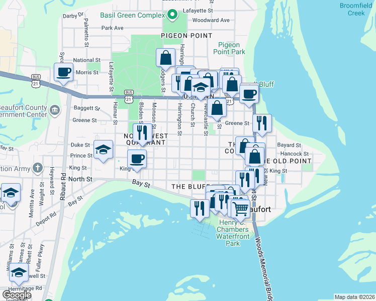 map of restaurants, bars, coffee shops, grocery stores, and more near 1206 Duke Street in Beaufort