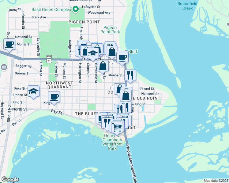 map of restaurants, bars, coffee shops, grocery stores, and more near 810 Duke Street in Beaufort