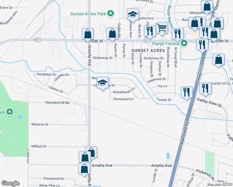 map of restaurants, bars, coffee shops, grocery stores, and more near 3437 Woodhaven Lane in Shreveport