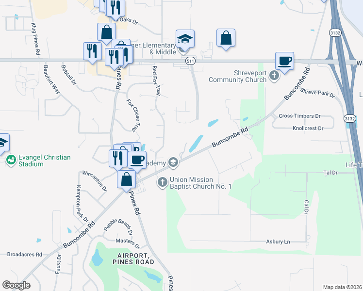 map of restaurants, bars, coffee shops, grocery stores, and more near 6000 Buncombe Road in Shreveport