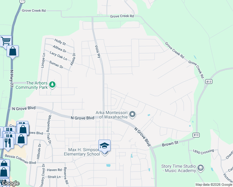 map of restaurants, bars, coffee shops, grocery stores, and more near 155 Country Drive in Waxahachie