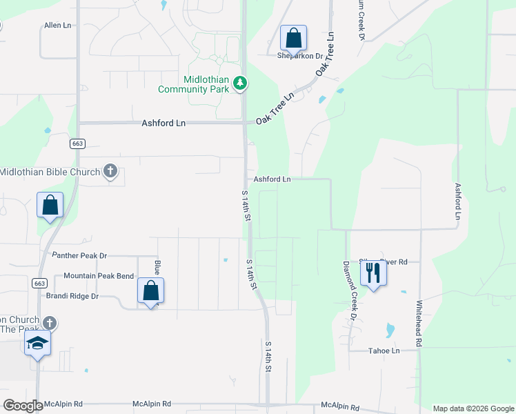 map of restaurants, bars, coffee shops, grocery stores, and more near 870 Ashford Lane in Midlothian