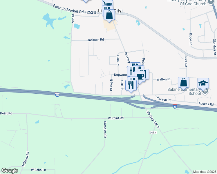 map of restaurants, bars, coffee shops, grocery stores, and more near 194 Pine Street in Kilgore