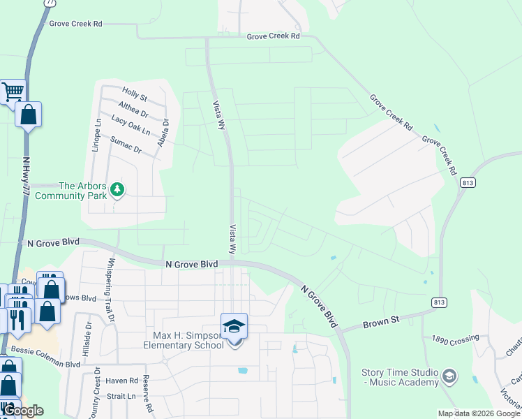 map of restaurants, bars, coffee shops, grocery stores, and more near 155 Country Drive in Waxahachie